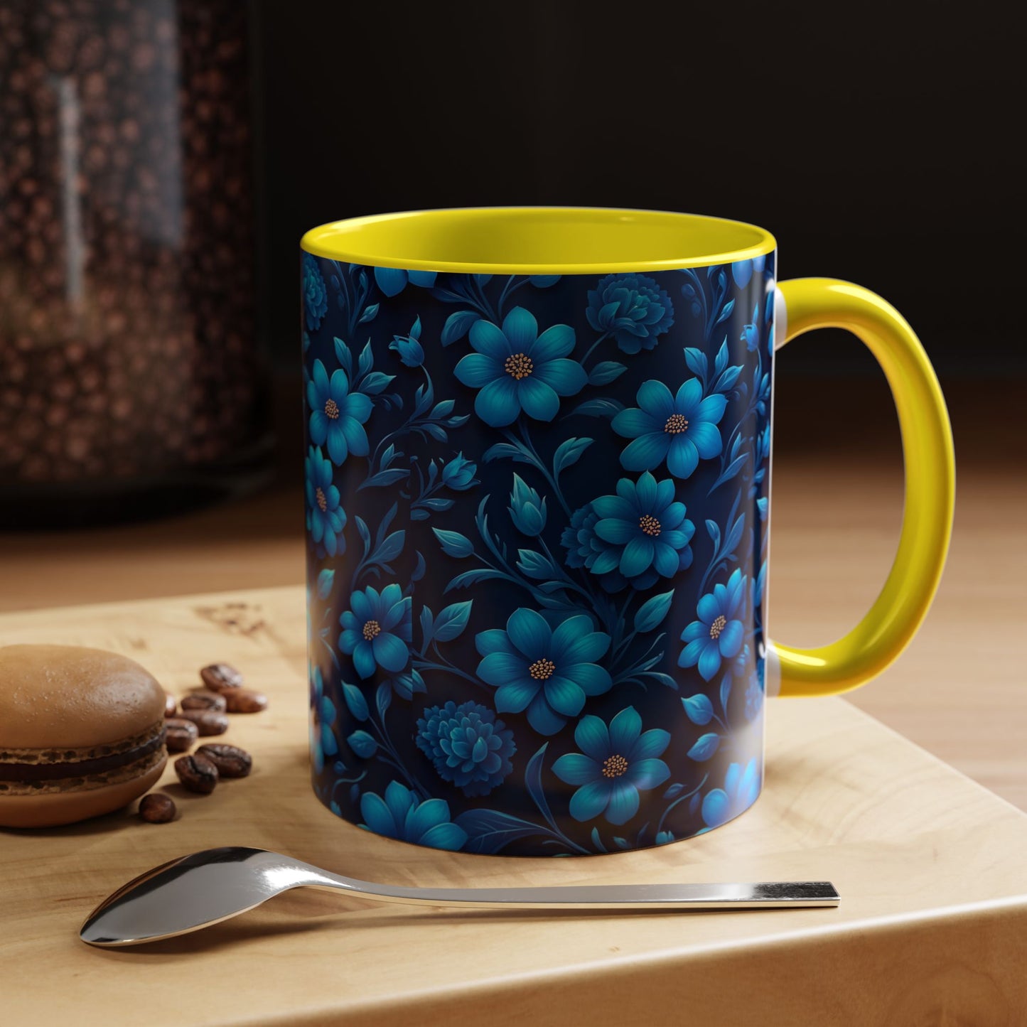Floral Accent Coffee Mug, Blue Flower Mug, Ceramic Coffee Cup, Gift for Her, Nature-Themed Drinkware, Floral Home Decor, Unique Mug