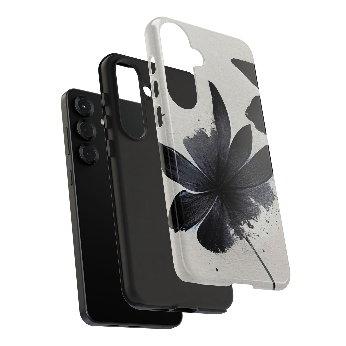 Monochrome Floral Tough Phone Case — Black Ink Flower Protective Cover