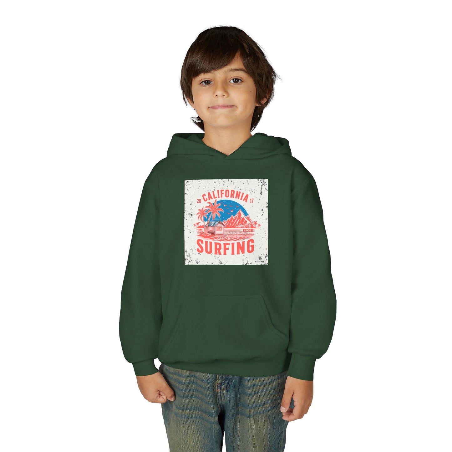 California Surfing Youth Hoodie — Retro Beach Palm Tree Surf Graphic
