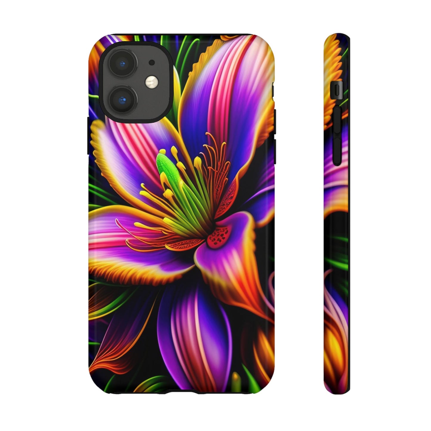 Floral Neon Tough Phone Case — Vivid Purple & Orange Lily Protective Cover