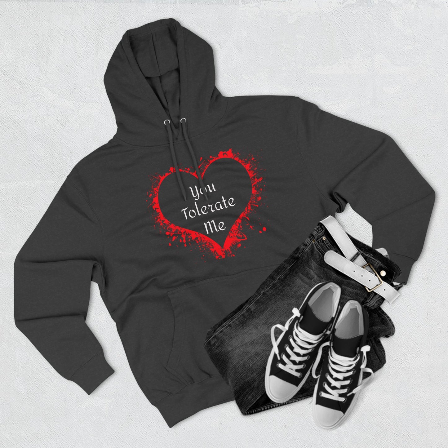 Heart Splash Hoodie — "Love Tolerate Me" Graphic Pullover