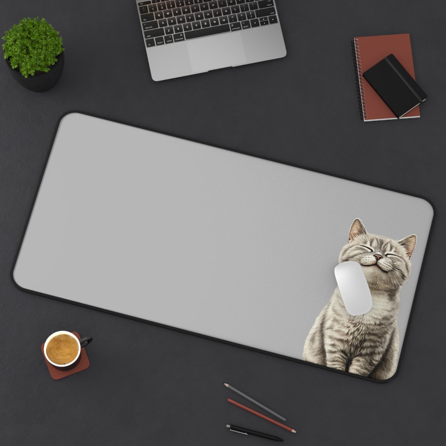 Smiling Cat Desk Mat — Cute Grey Mousepad for Home Office & Gamers