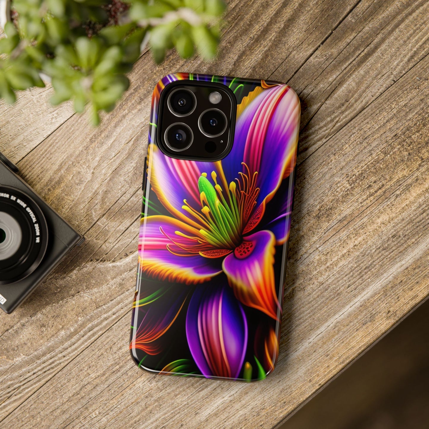 Floral Neon Tough Phone Case — Vivid Purple & Orange Lily Protective Cover