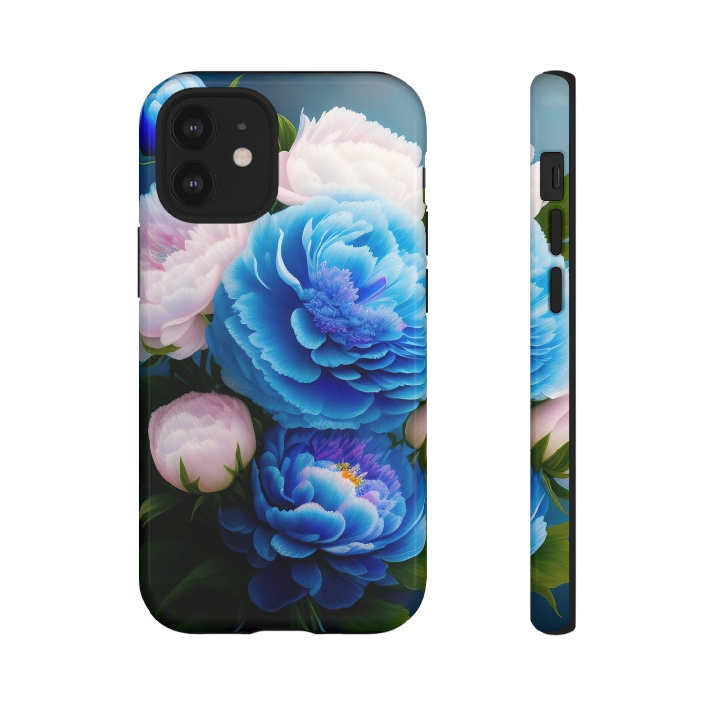 Floral Blue Peony Phone Case — Protective Tough Case with Pink & Blue Blooms