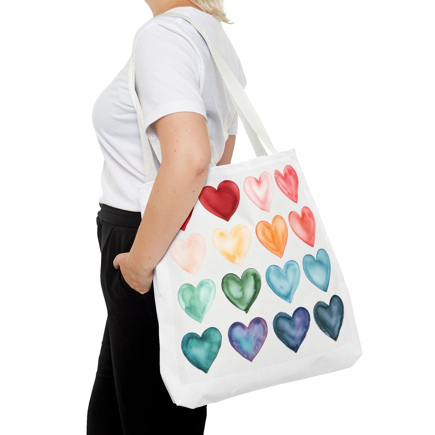 Watercolor Rainbow Hearts Tote Bag — Colorful Heart Pattern Beach & Market Tote