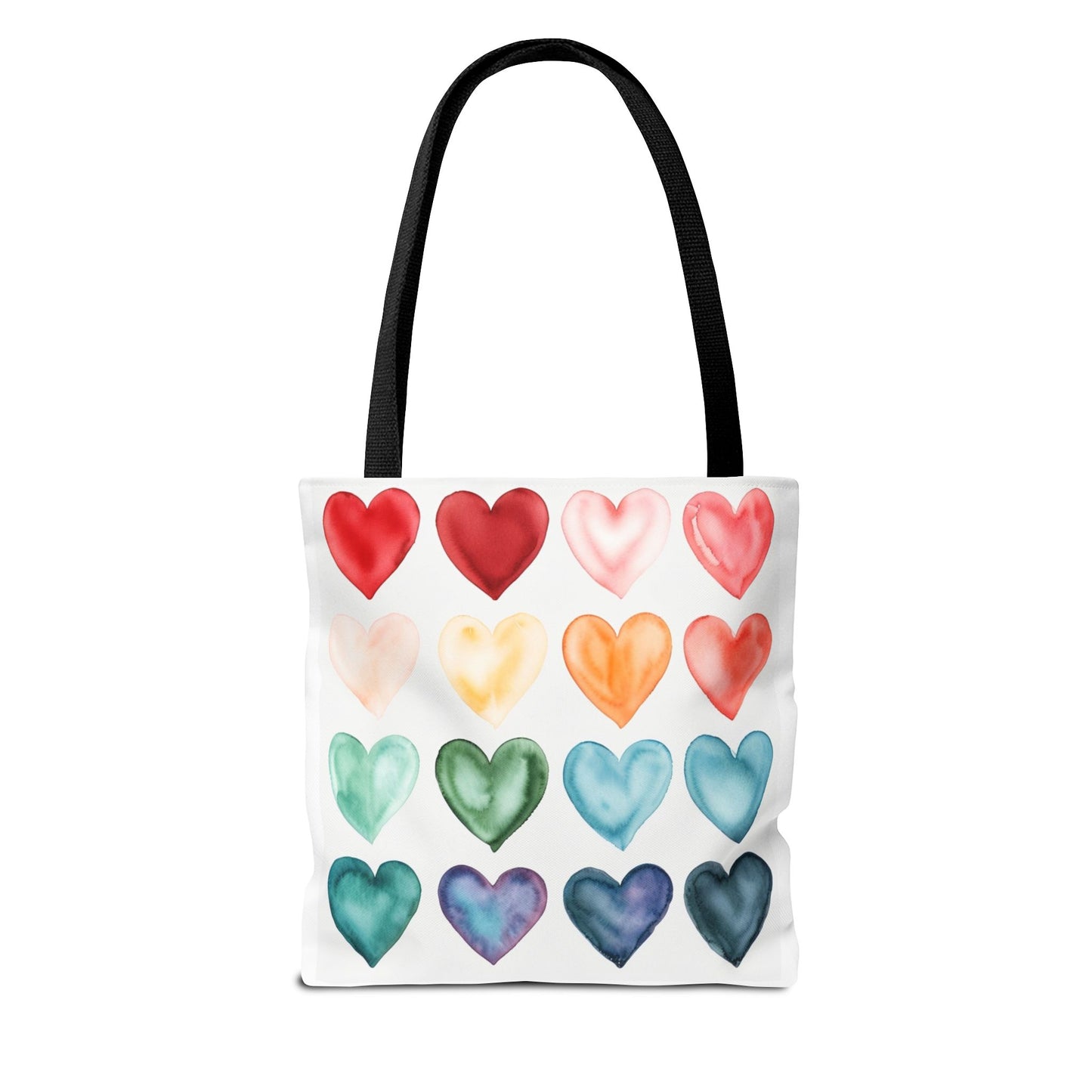 Watercolor Rainbow Hearts Tote Bag — Colorful Heart Pattern Beach & Market Tote