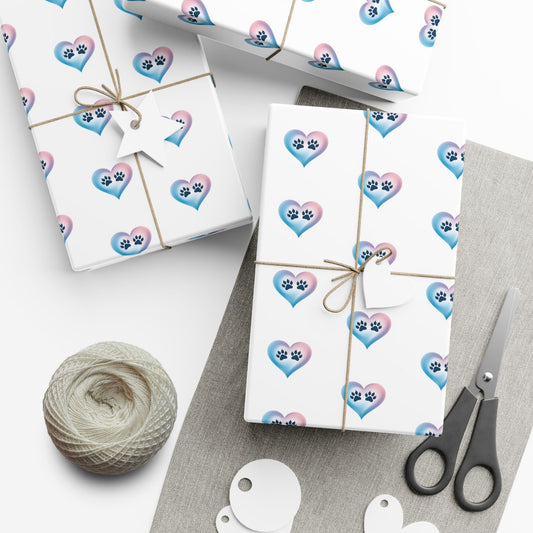 Gift Wrap Paper — Cute Blue-Pink Paw Heart Pattern (Pet Lover Wrapping Paper)