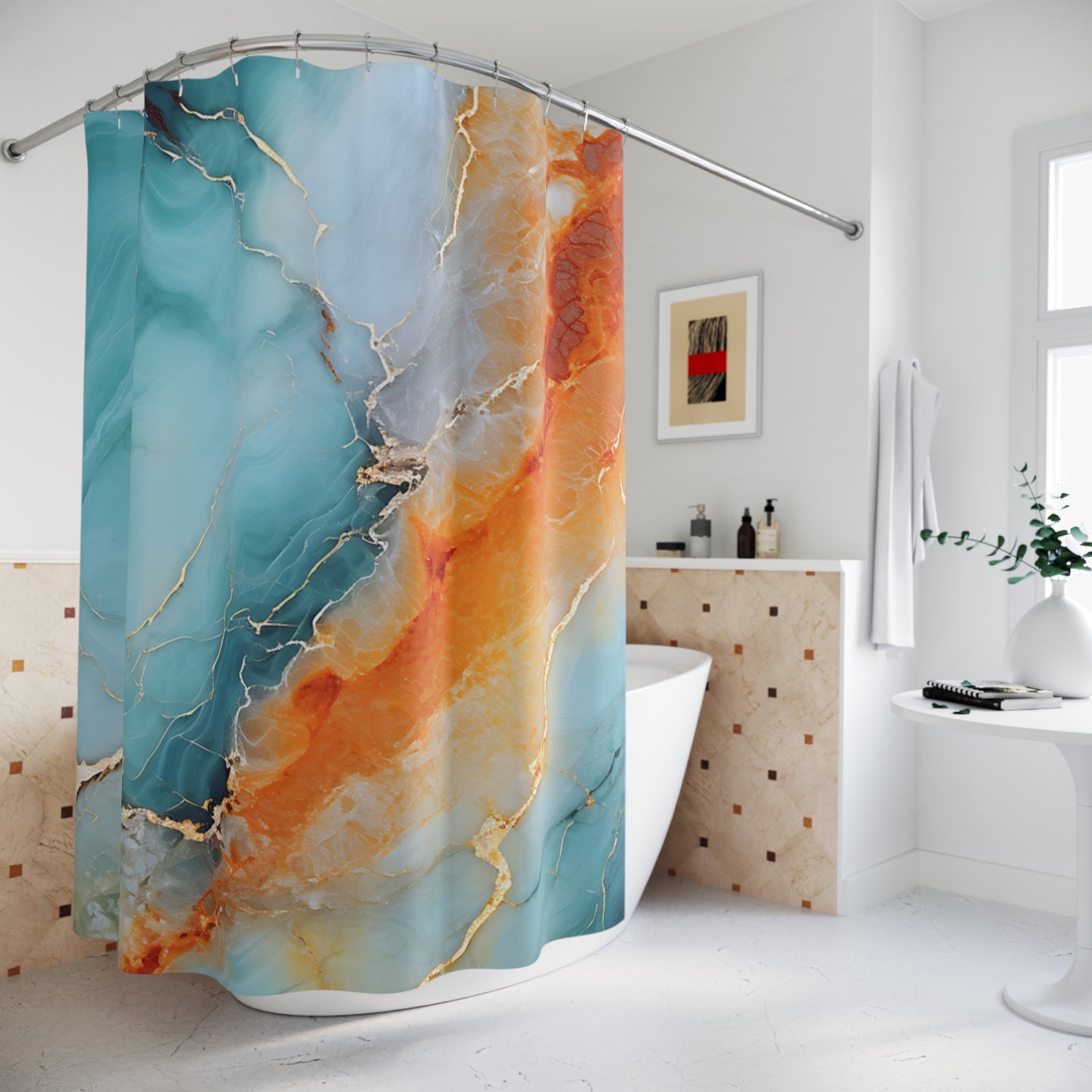 Abstract Blue Orange Marble Shower Curtain – Turquoise & Coral Bathroom Decor