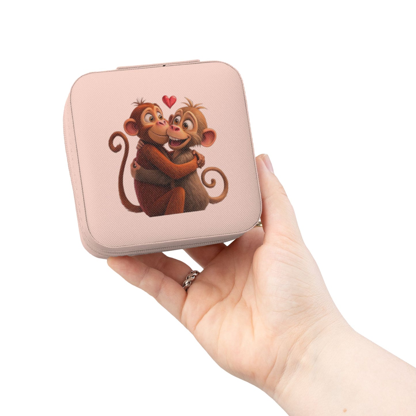 Small Pink Jewelry Travel Case — Cute Hugging Monkeys Design
