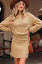 High Neck Puff Sleeve Sweater Pleated Mini Skirt 2pcs Knitted Outfit