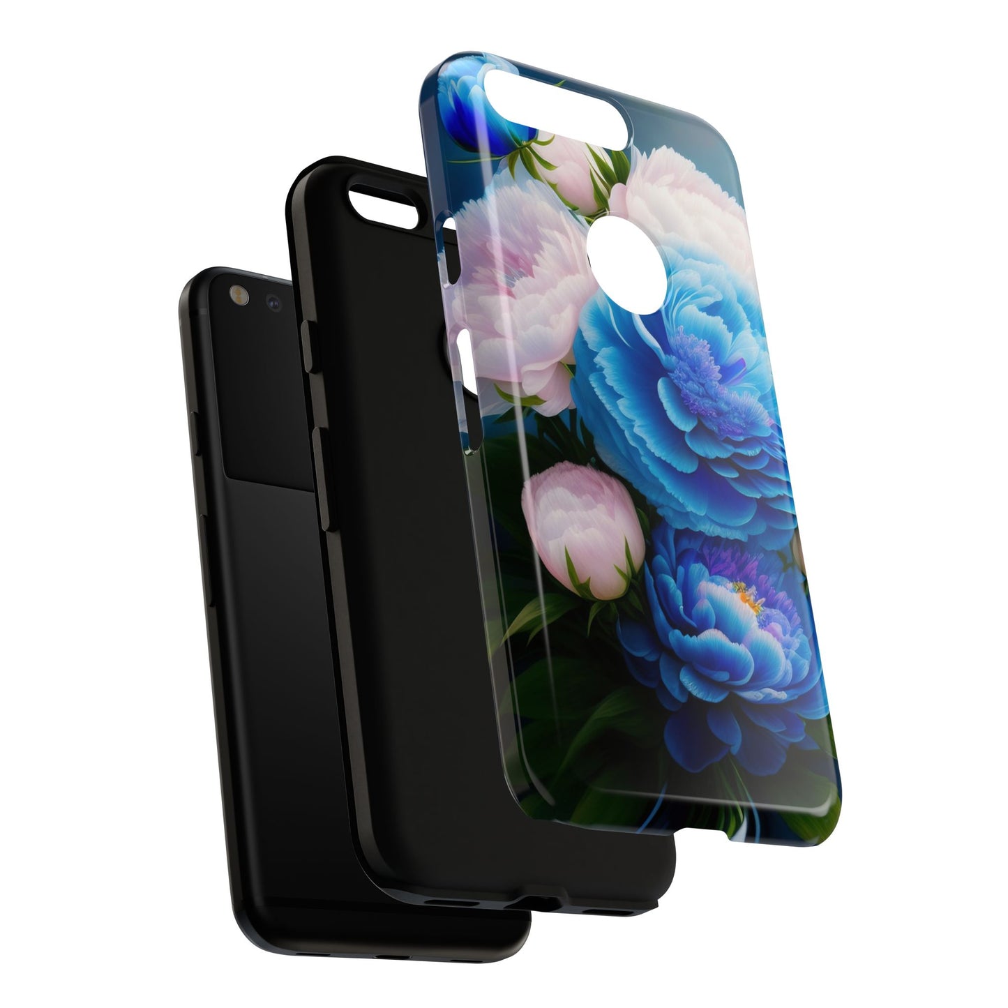 Floral Blue Peony Phone Case — Protective Tough Case with Pink & Blue Blooms