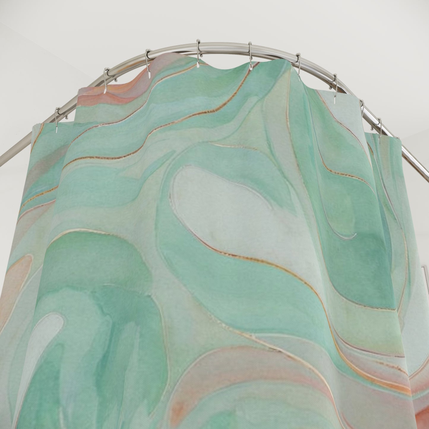 Aqua Marble Shower Curtain — Mint Green & Coral Swirl Bathroom Decor