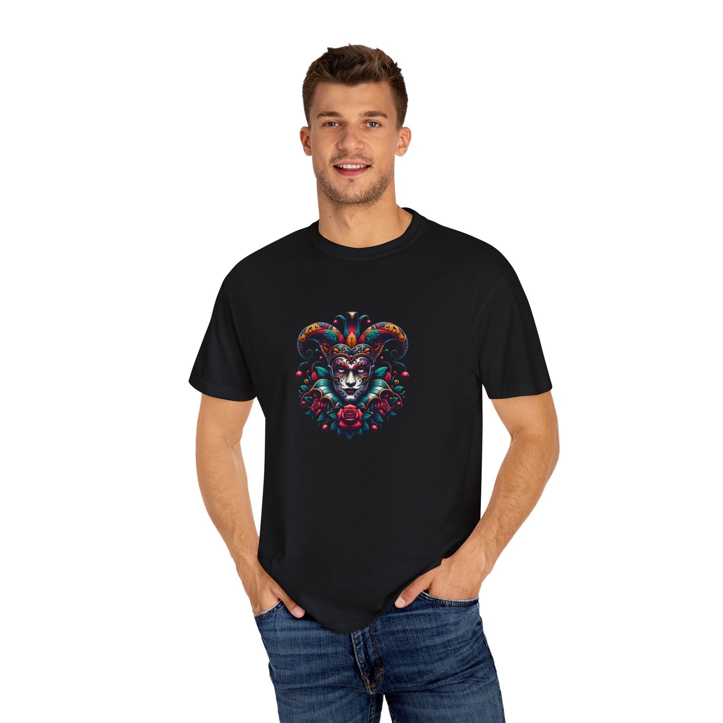 Vibrant Graphic Unisex T-Shirt with Floral Mask Design
