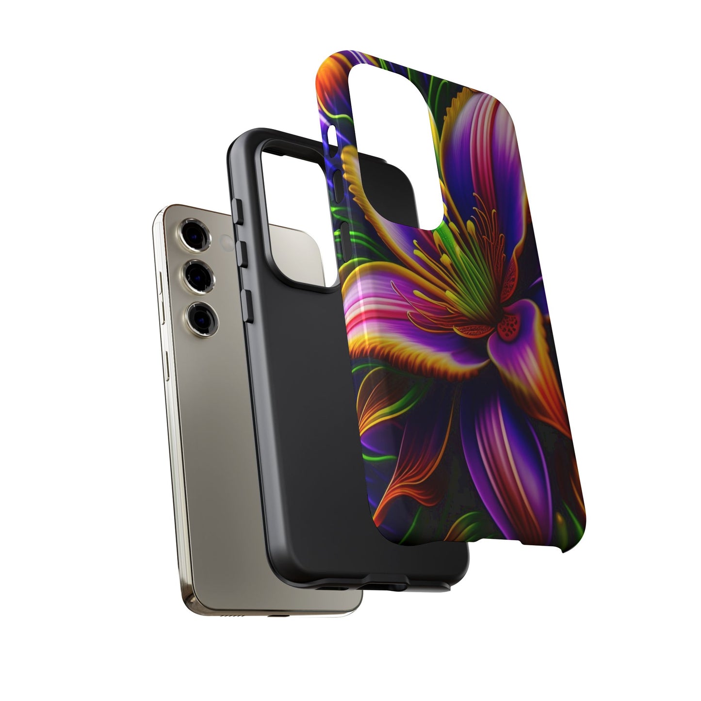 Floral Neon Tough Phone Case — Vivid Purple & Orange Lily Protective Cover
