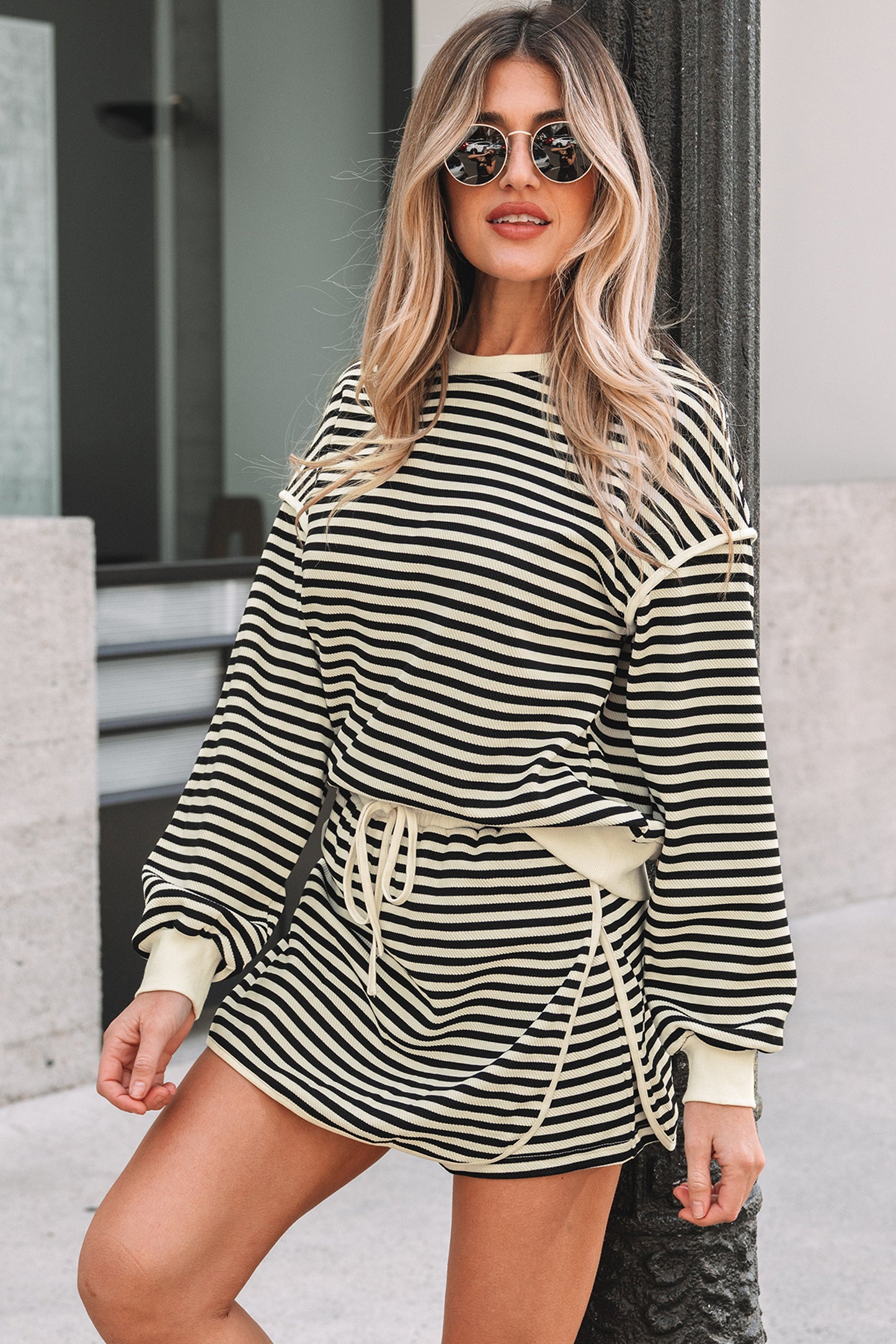Black Stripe Textured Drop Shoulder Pullover Top Drawstring Mini Skort Two Piece Dress Set