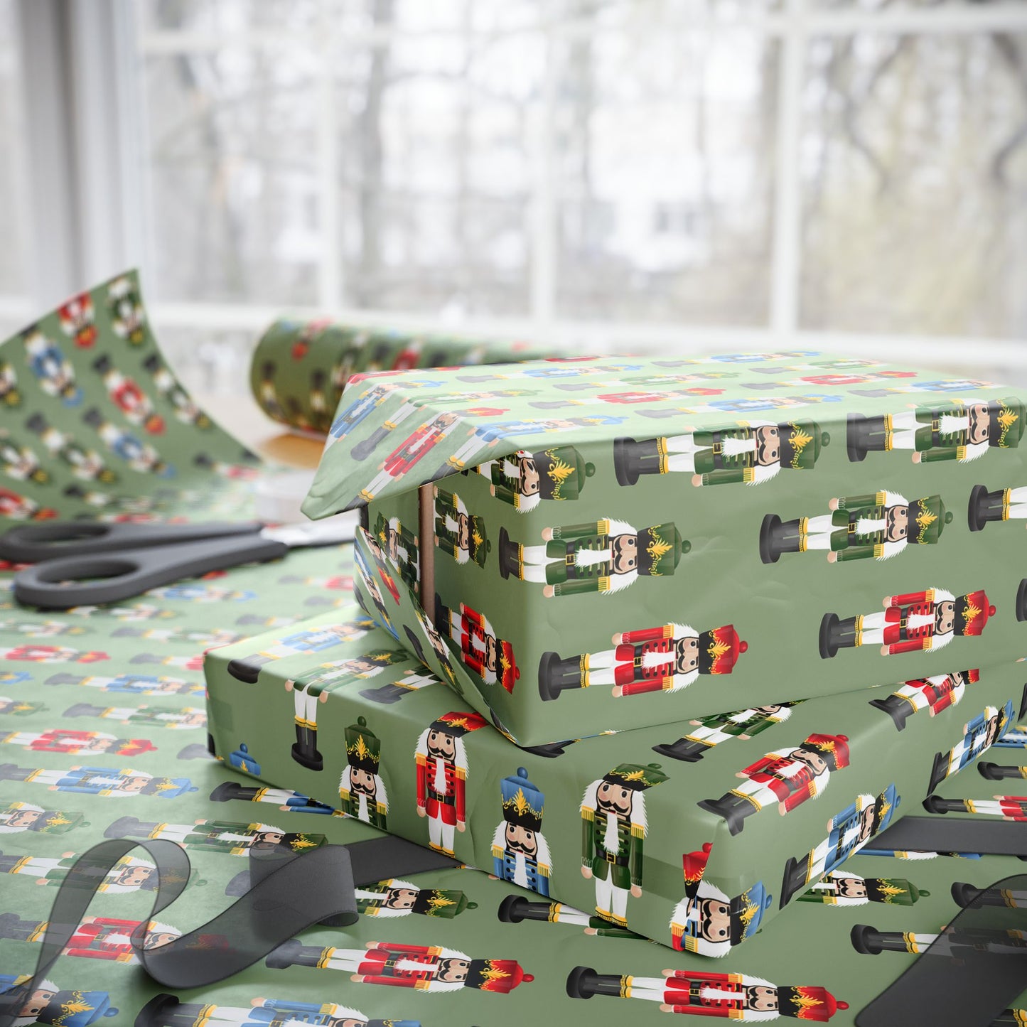 Nutcracker Pattern Wrapping Paper Roll — Festive Green Holiday Gift Wrap