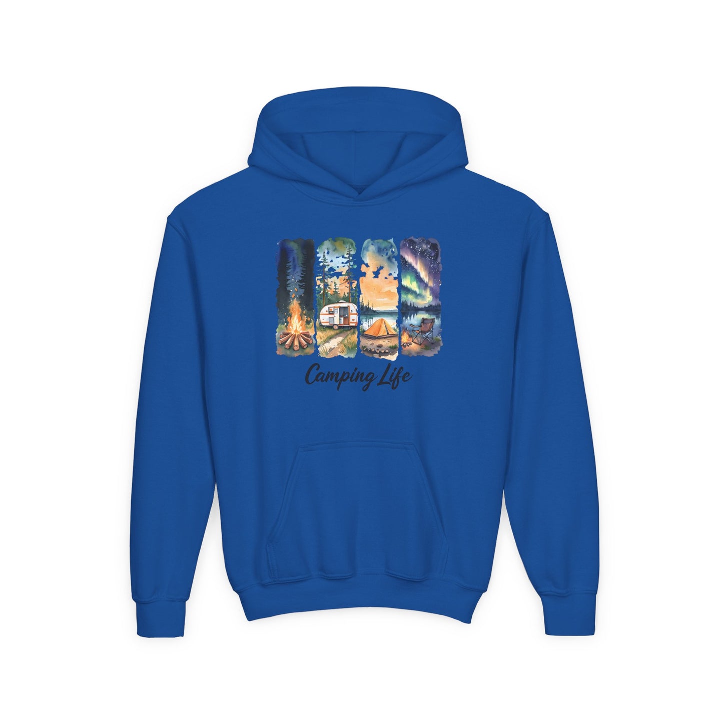 Youth Camping Life Hoodie — Scenic Campfire, Tent & Camper Pullover