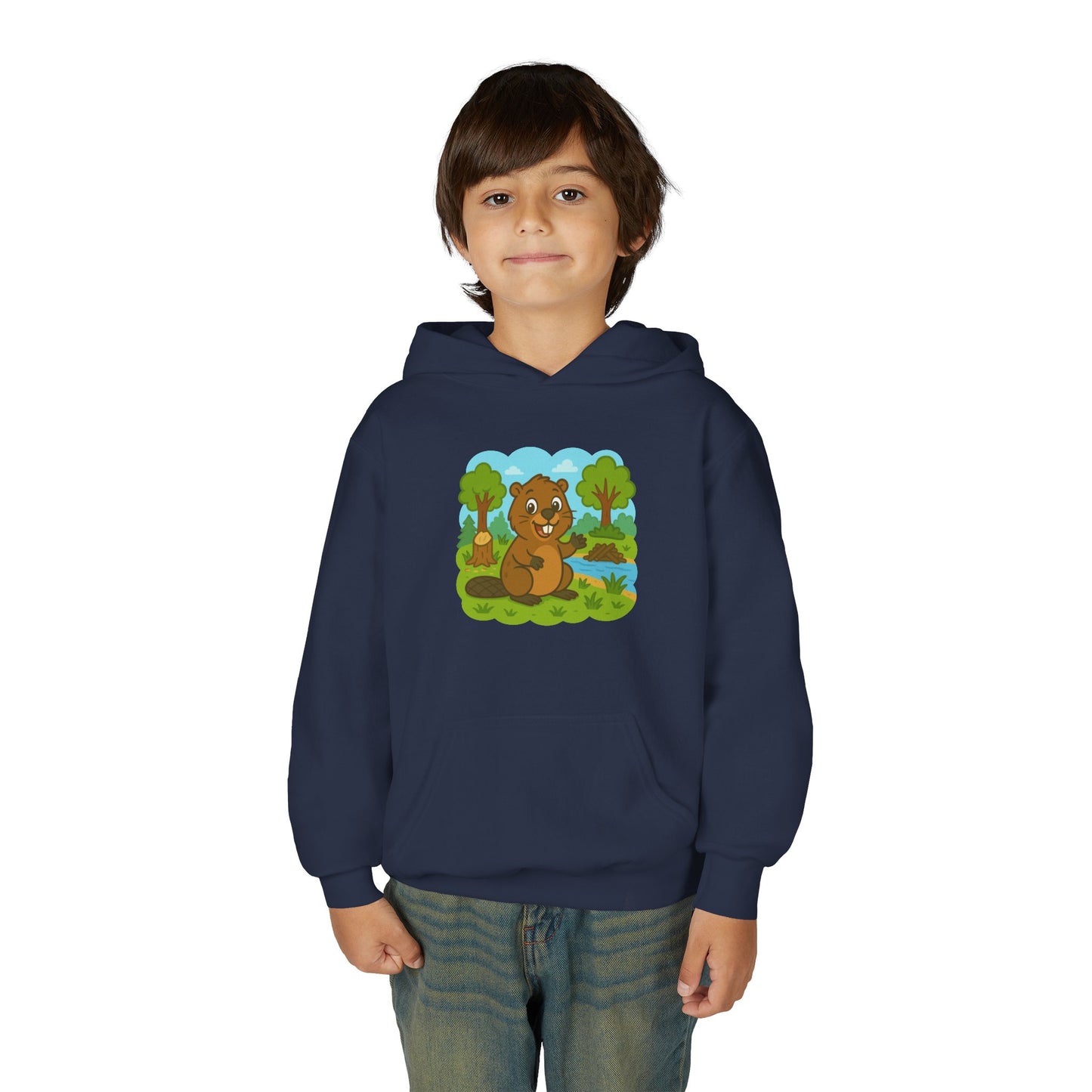 Cartoon Beaver Forest Scene Youth Hoodie | Woodland Animal Kids Sweatshirt