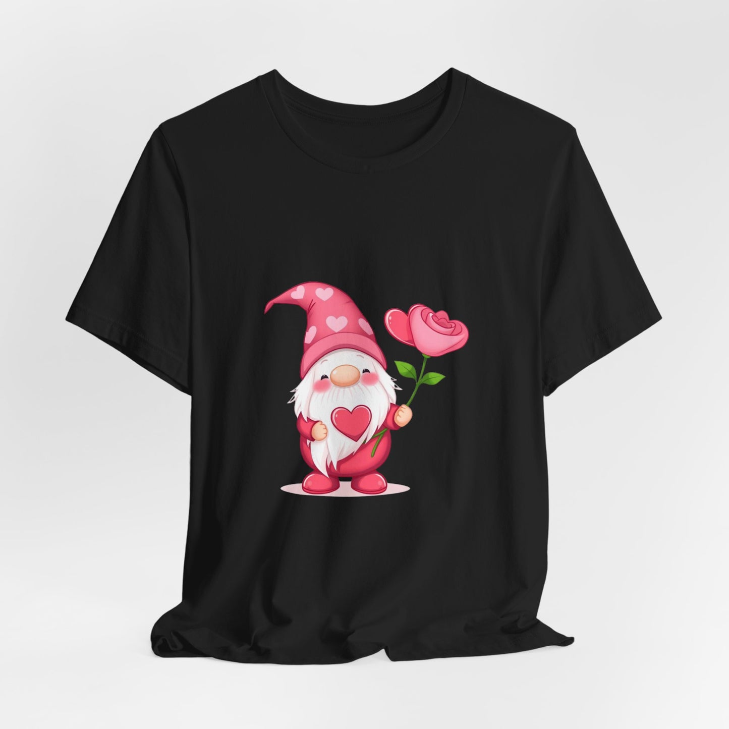 Valentine Gnome T‑Shirt — Cute Pink Gnome Holding Rose Tee
