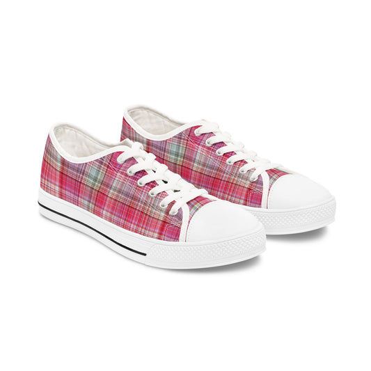 Pink Plaid Low Top Sneakers — Women's Casual Canvas Shoes