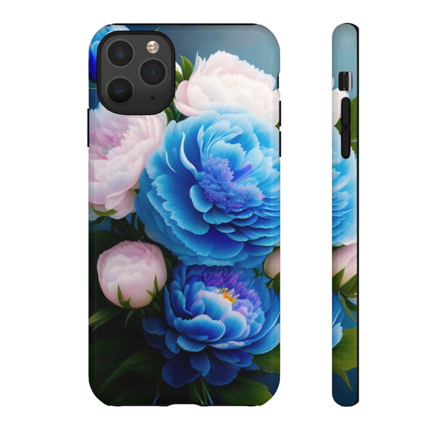 Floral Blue Peony Phone Case — Protective Tough Case with Pink & Blue Blooms