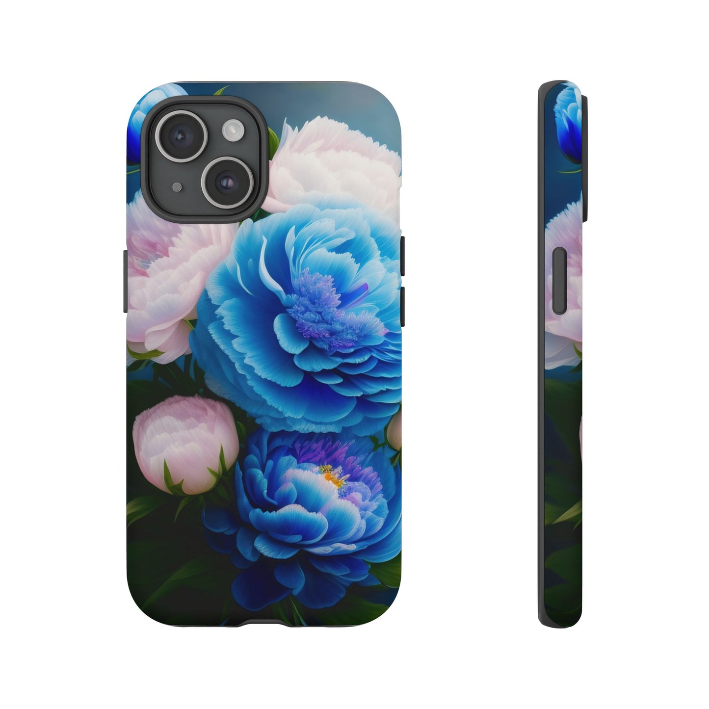 Floral Blue Peony Phone Case — Protective Tough Case with Pink & Blue Blooms