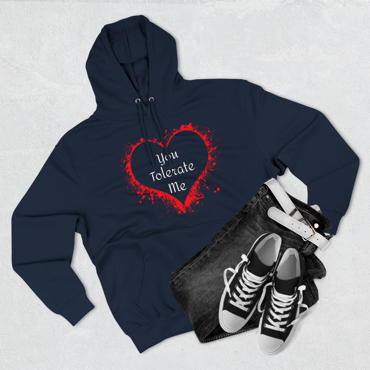 Heart Splash Hoodie — "Love Tolerate Me" Graphic Pullover