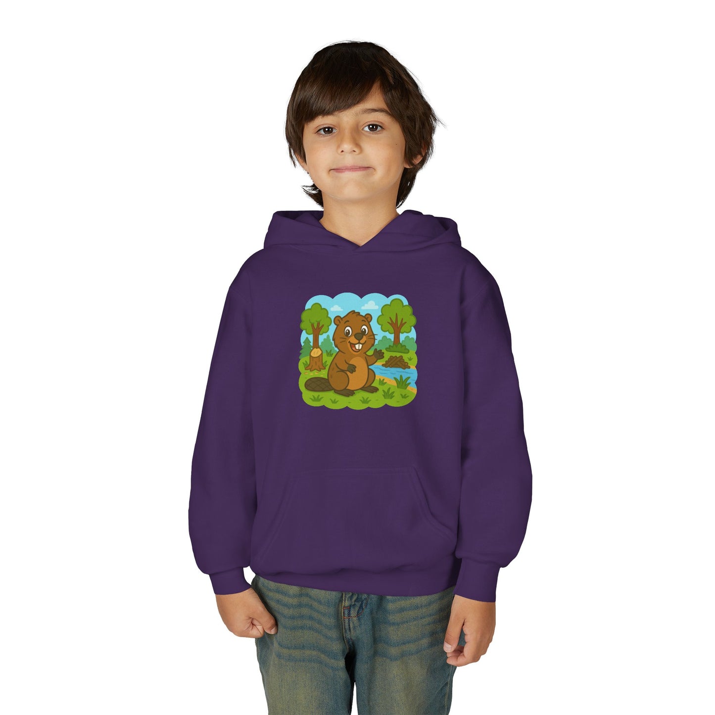 Cartoon Beaver Forest Scene Youth Hoodie | Woodland Animal Kids Sweatshirt