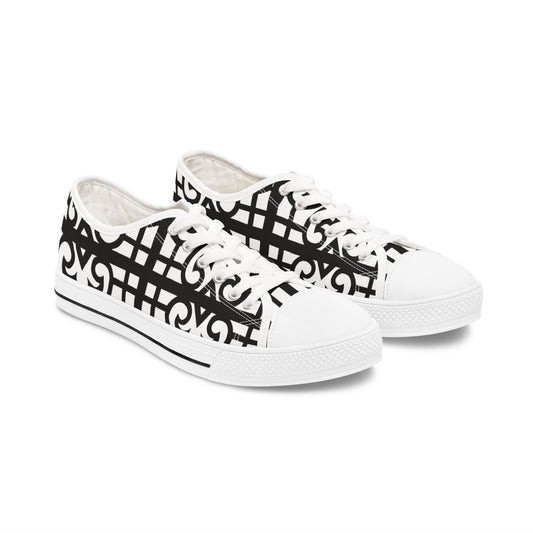 Low Top Sneakers — Black & White Geometric Lattice Pattern