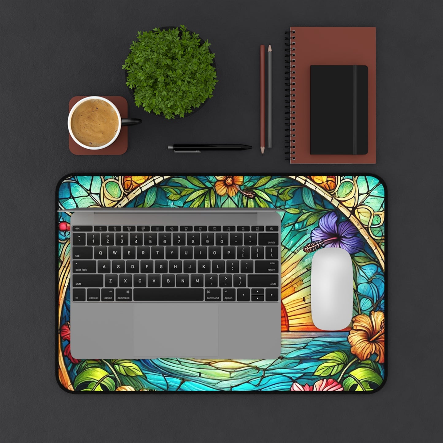 Sunset Tropical Desk Mat — Stained-Glass Sunrise Beach Mouse Pad