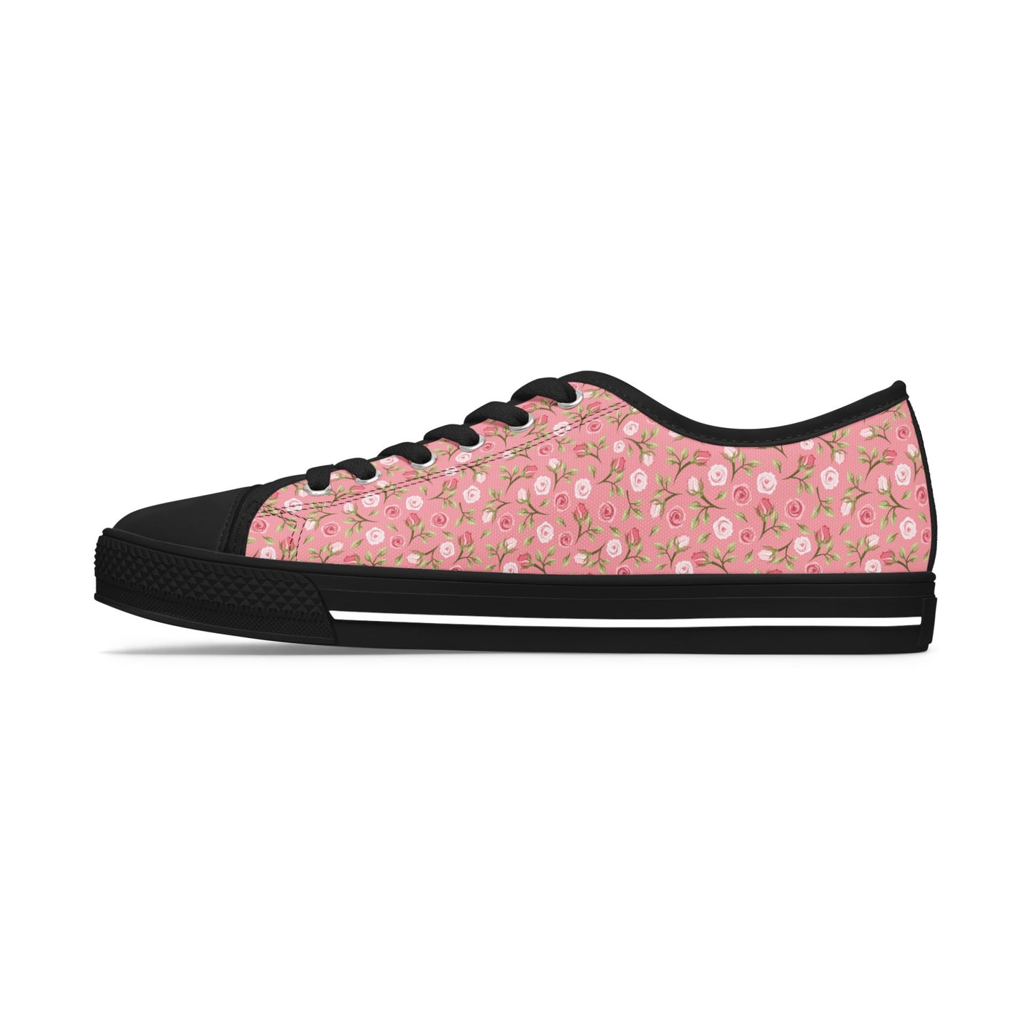 Floral Pink Low Top Sneakers — Women's Cute Rose Pattern Canvas Shoes