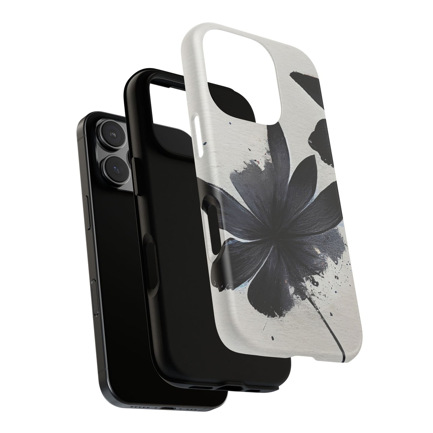 Monochrome Floral Tough Phone Case — Black Ink Flower Protective Cover