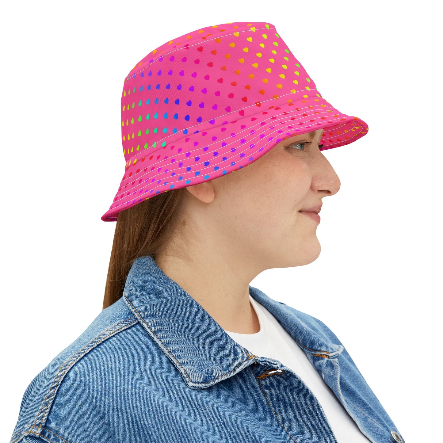 Pink Rainbow Heart Bucket Hat — Colorful Polka Dot Summer Sun Hat