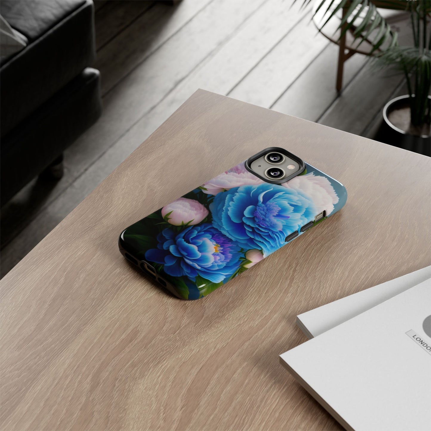 Floral Blue Peony Phone Case — Protective Tough Case with Pink & Blue Blooms