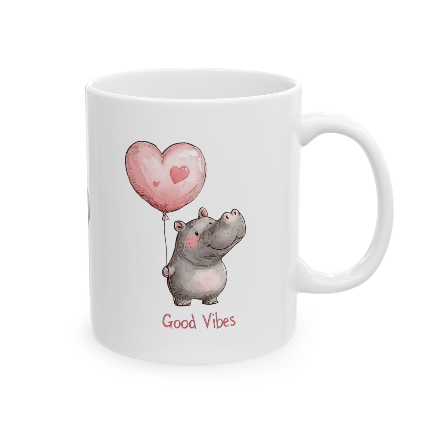 Cute Hippo Good Vibes Ceramic Mug, Gift for Animal Lovers, Positive Quote Coffee Cup, Birthday Present, Valentine's Day
