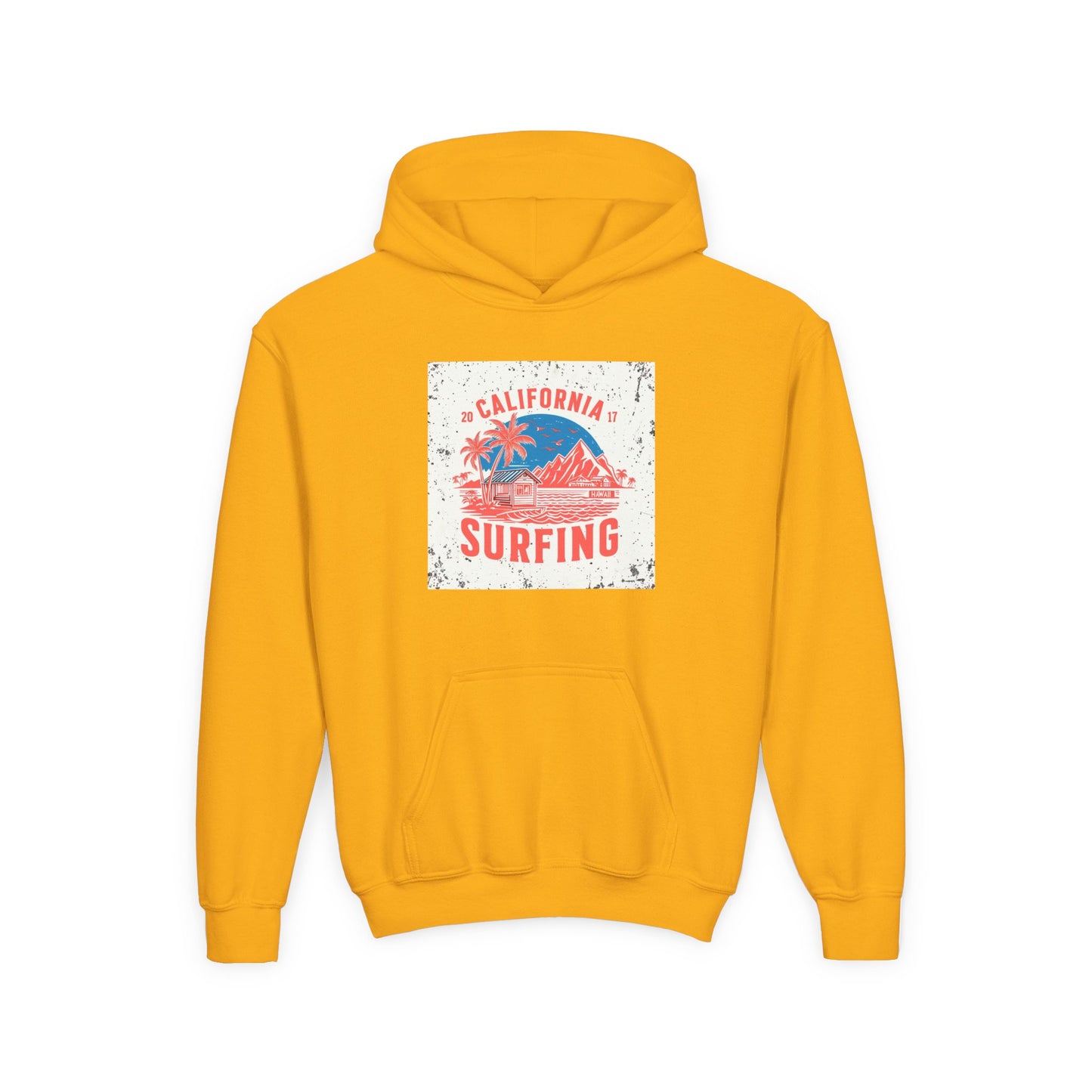 California Surfing Youth Hoodie — Retro Beach Palm Tree Surf Graphic