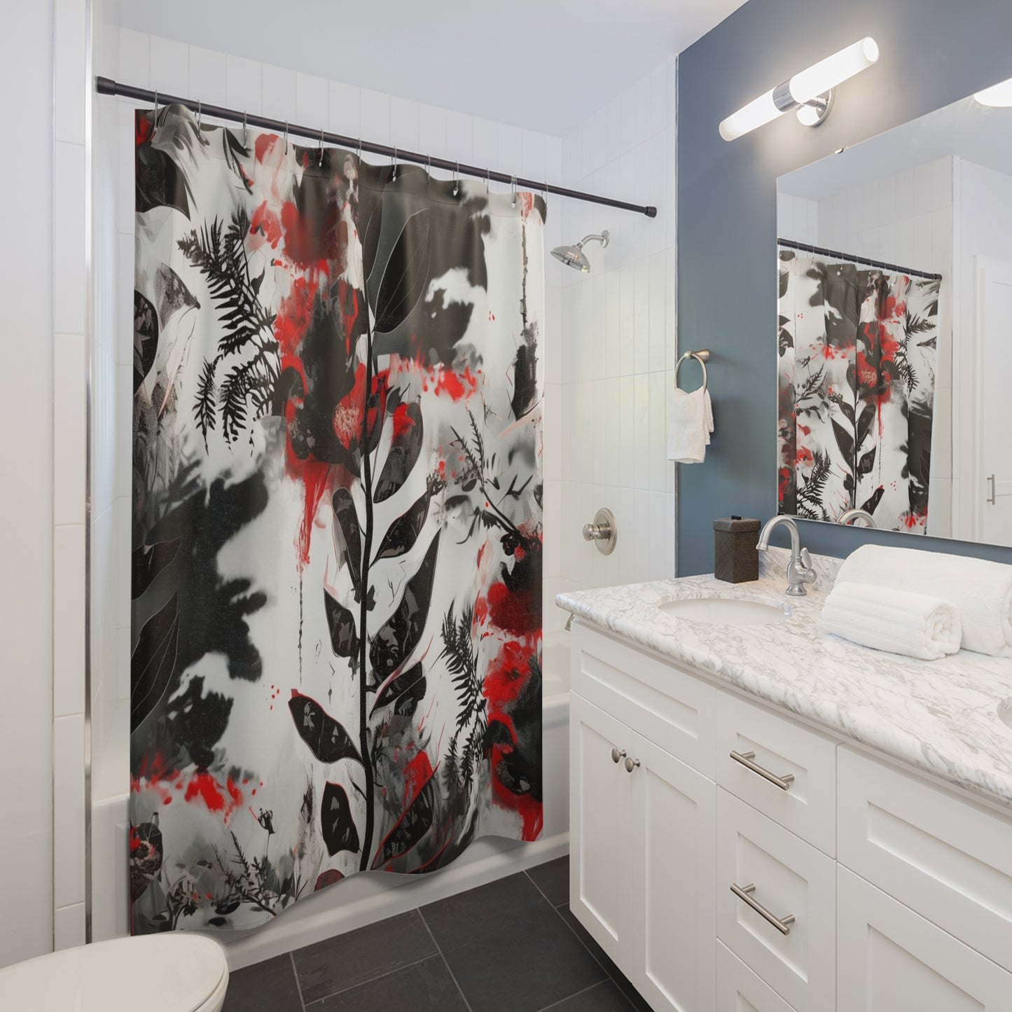 Abstract Red & Black Botanical Shower Curtain — Watercolor Floral Splash