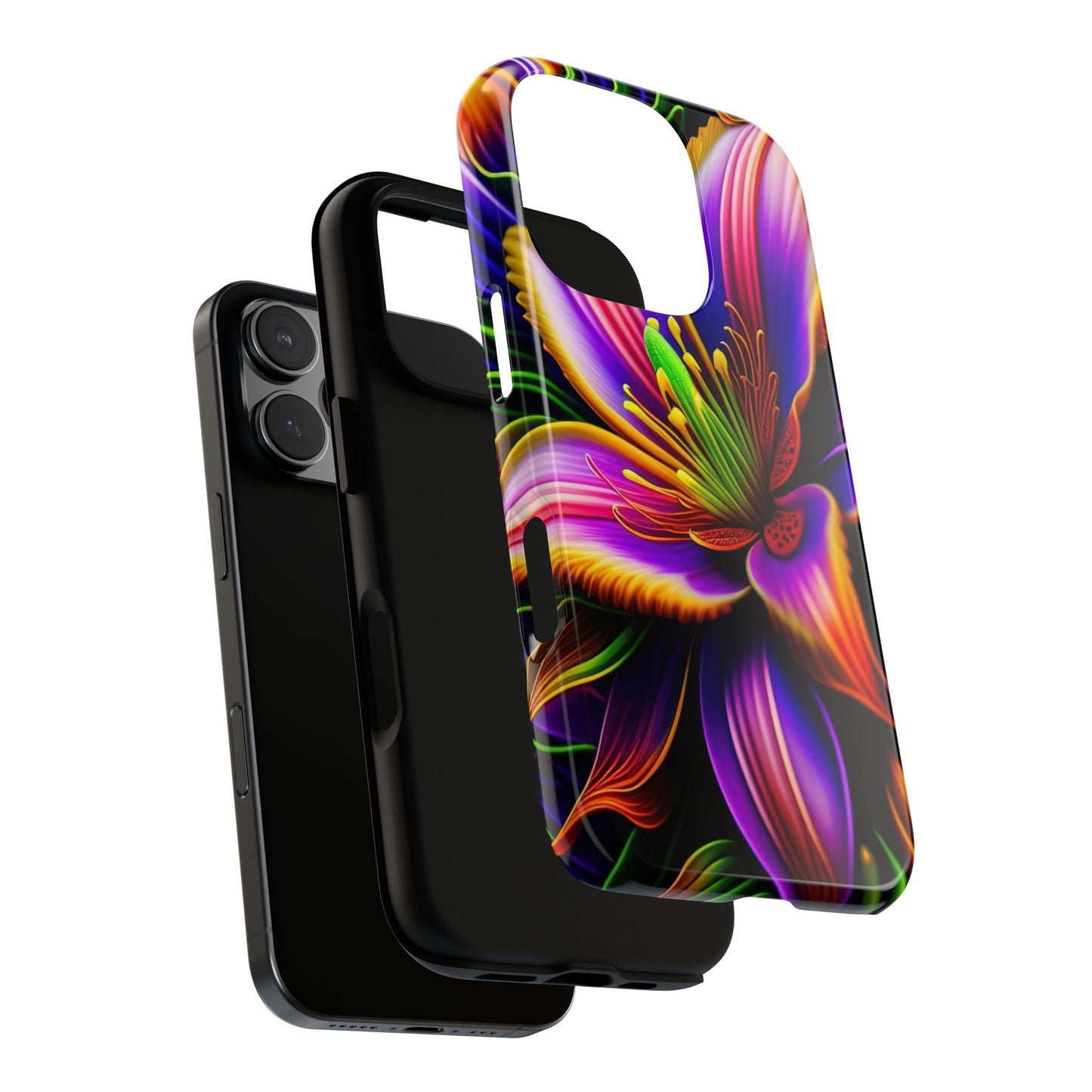 Floral Neon Tough Phone Case — Vivid Purple & Orange Lily Protective Cover