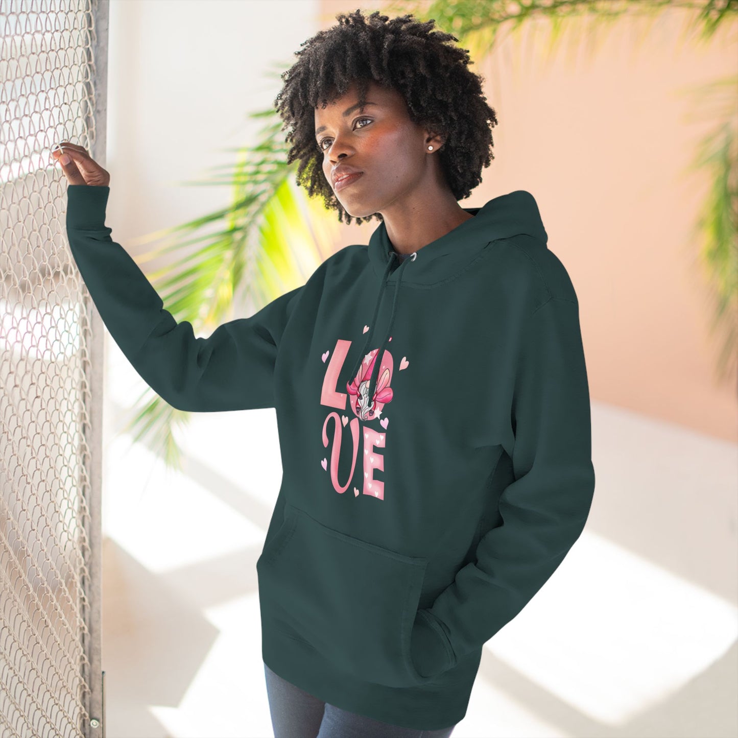 Love Blossom Hoodie — Pink Floral "LOVE" Graphic Fleece Hoodie