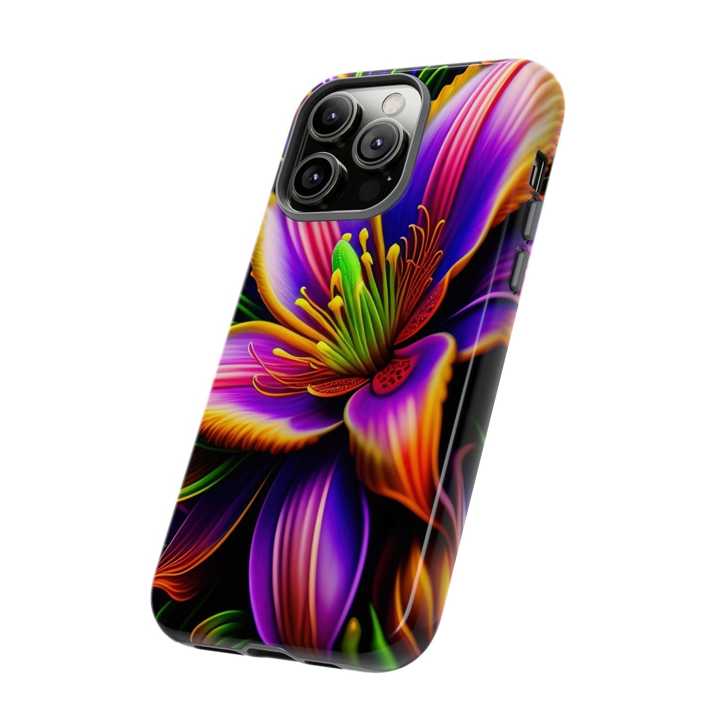 Floral Neon Tough Phone Case — Vivid Purple & Orange Lily Protective Cover