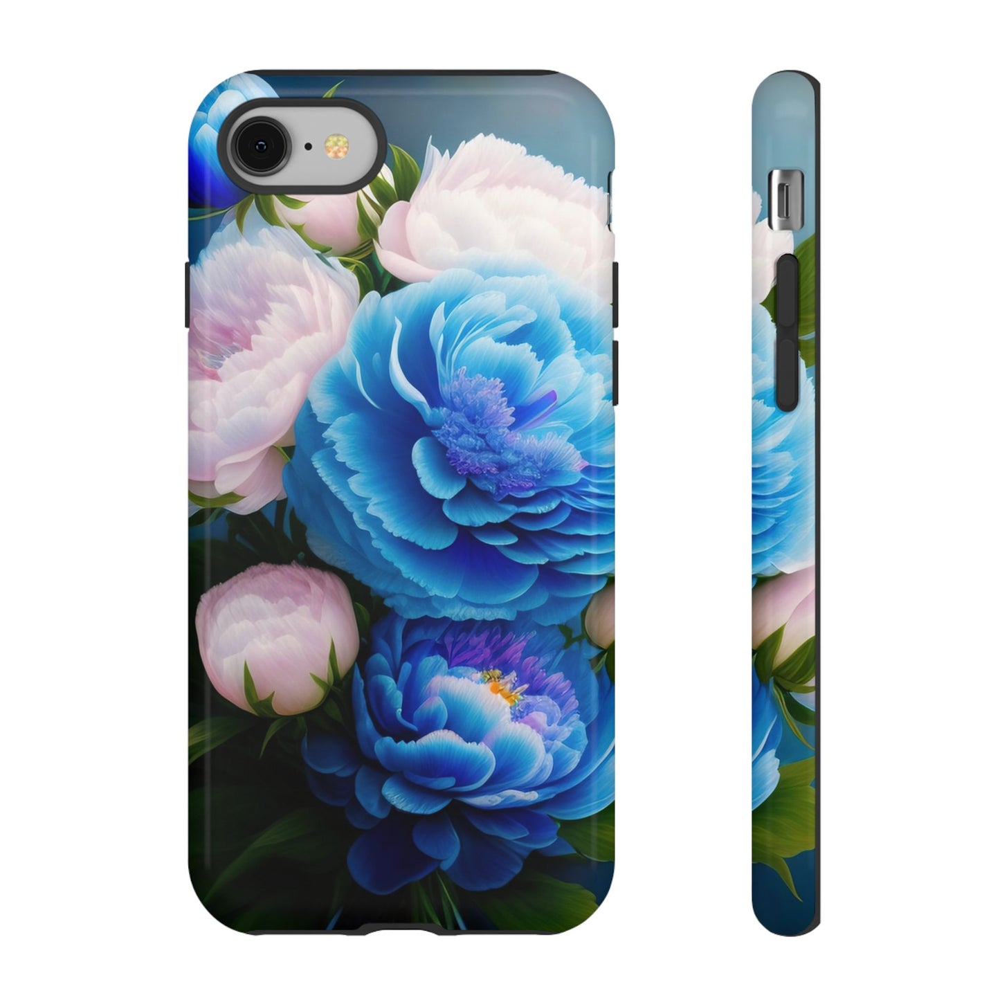 Floral Blue Peony Phone Case — Protective Tough Case with Pink & Blue Blooms