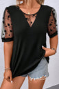 Black Floral Mesh Patchwork Loose V Neck Plus Size T Shirt