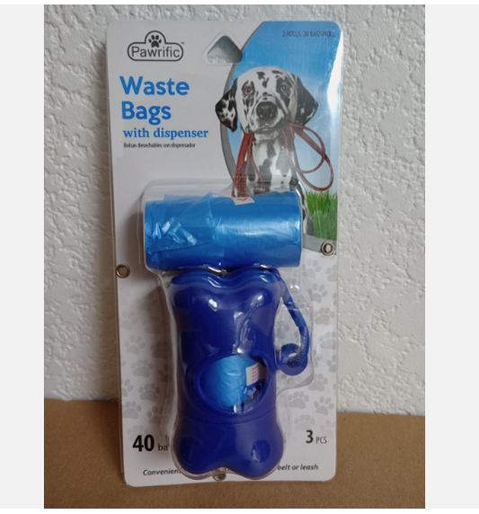 Dog Waste Bags w/Dispenser 2 Rolls of 20 Bags - 40 Bags ~ Clip on Collar