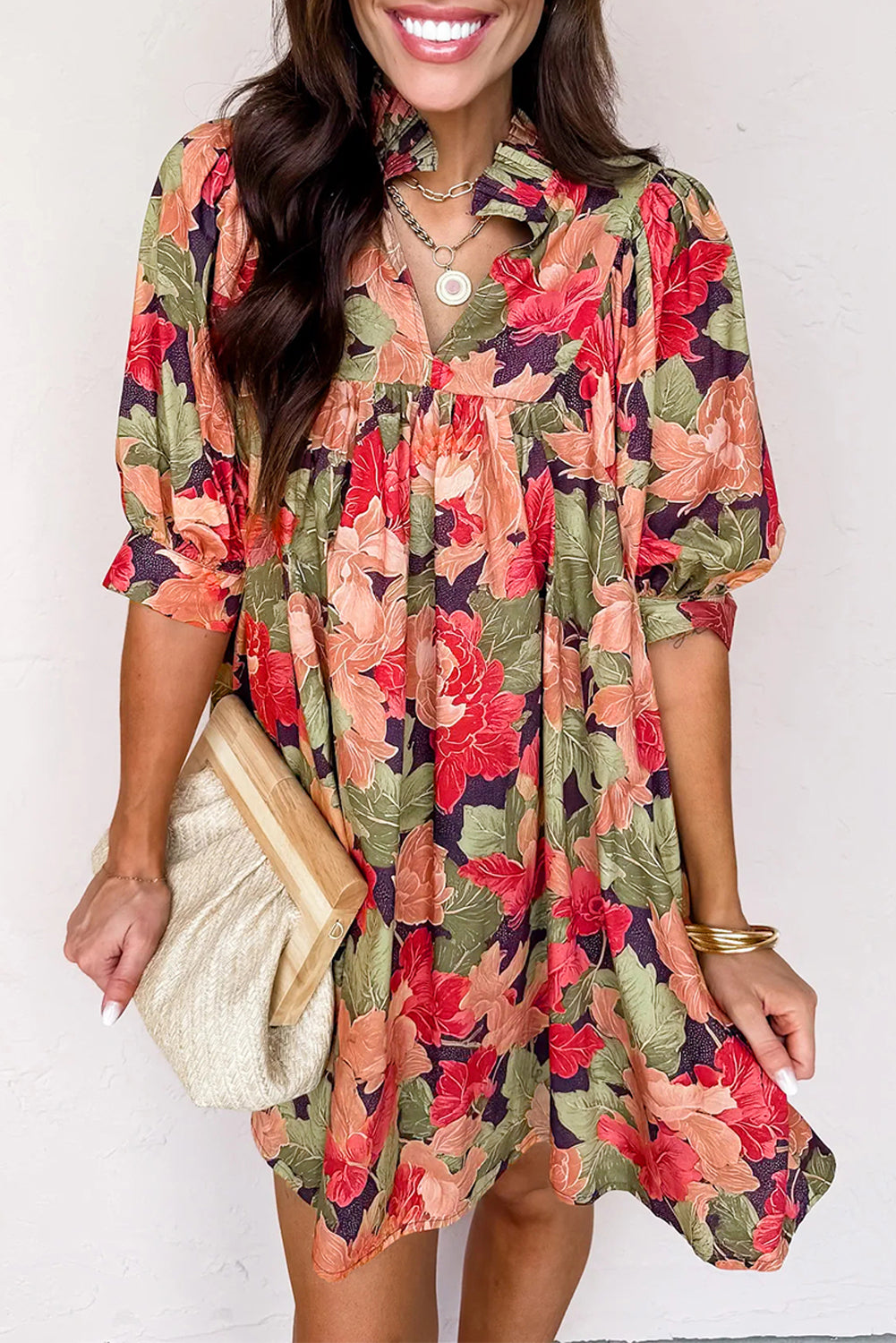 Green Floral Print Frilled Collar V Neck Half Sleeve Mini Dress
