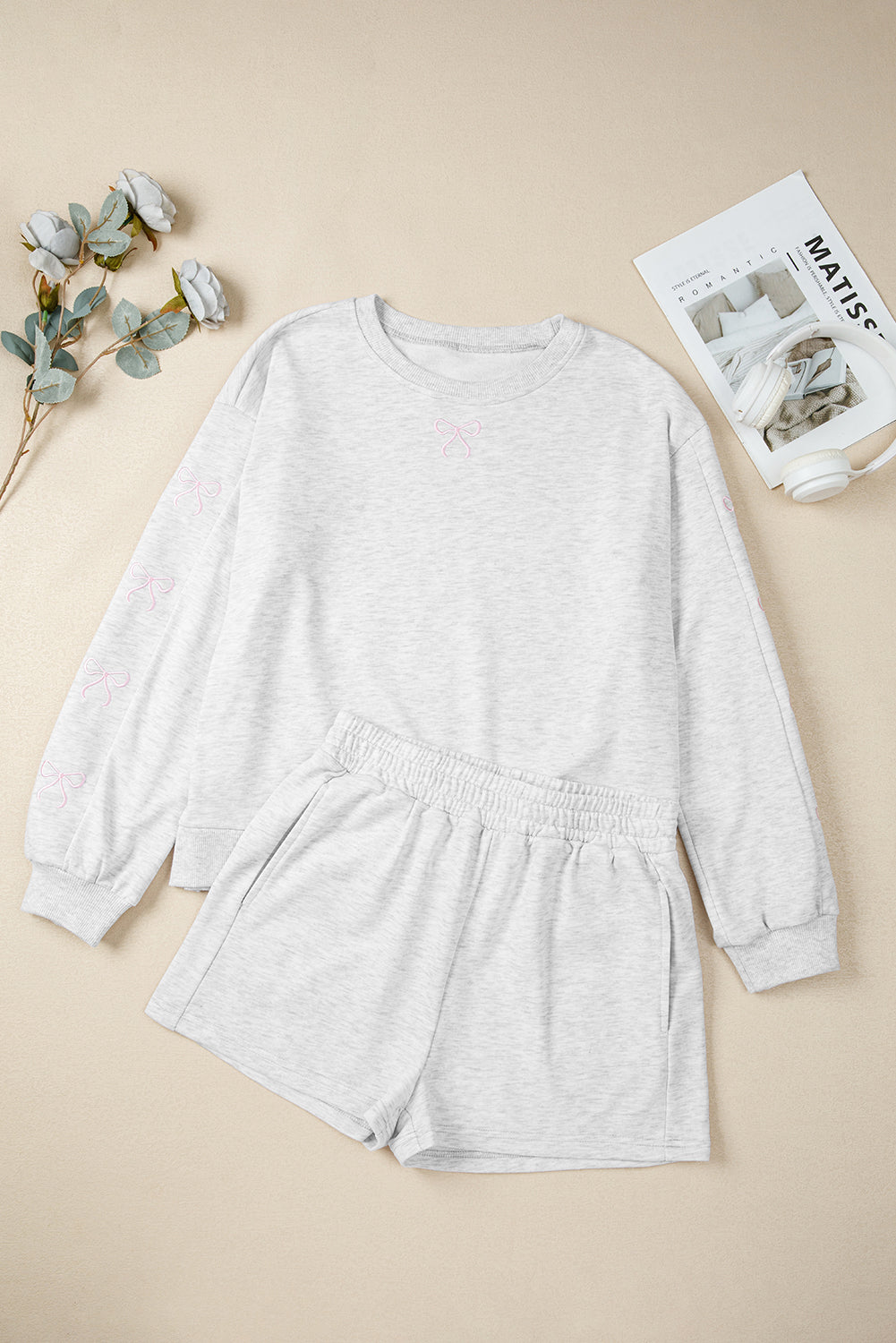 Light Grey Girly Bow Embroidered Detail Puff Sleeve Pullover 2pcs Short Set