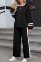 Black Varsity Stripe Patchwork Puff Sleeve Pullover Drawstring Wide Leg Pant Set