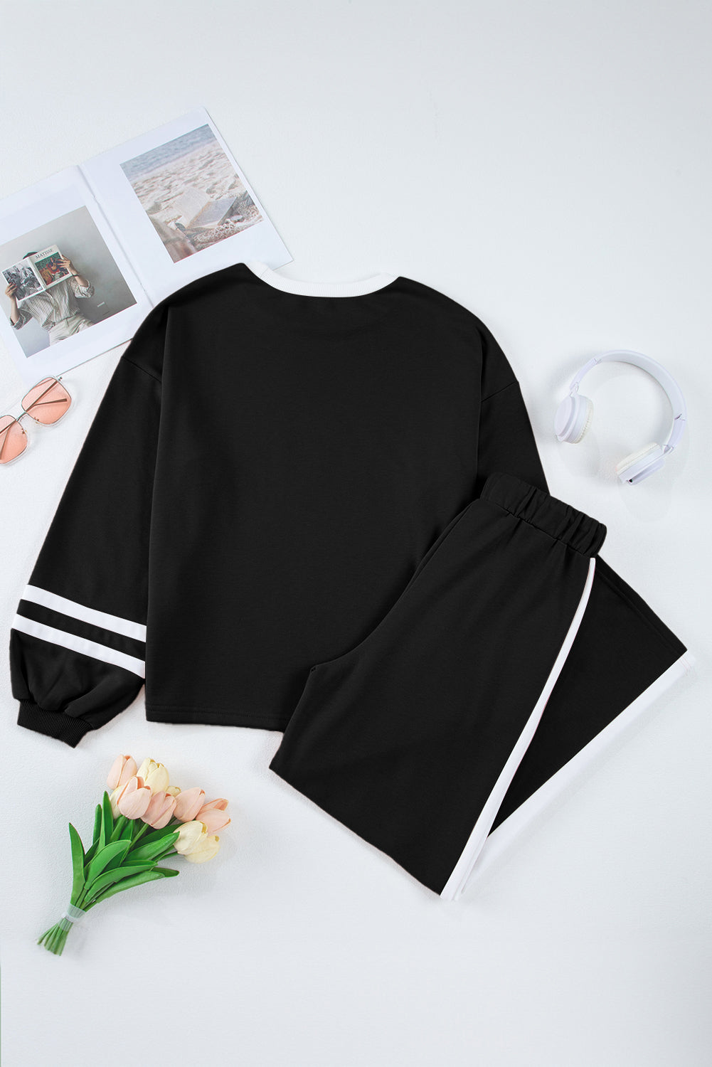 Black Varsity Stripe Patchwork Puff Sleeve Pullover Drawstring Wide Leg Pant Set