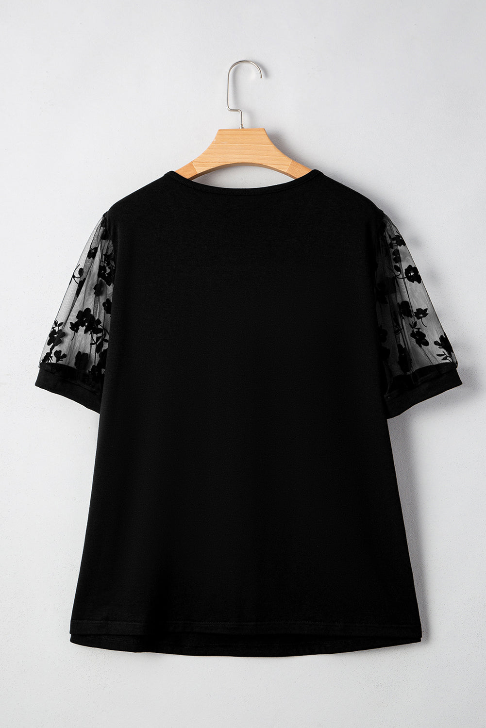 Black Floral Mesh Patchwork Loose V Neck Plus Size T Shirt