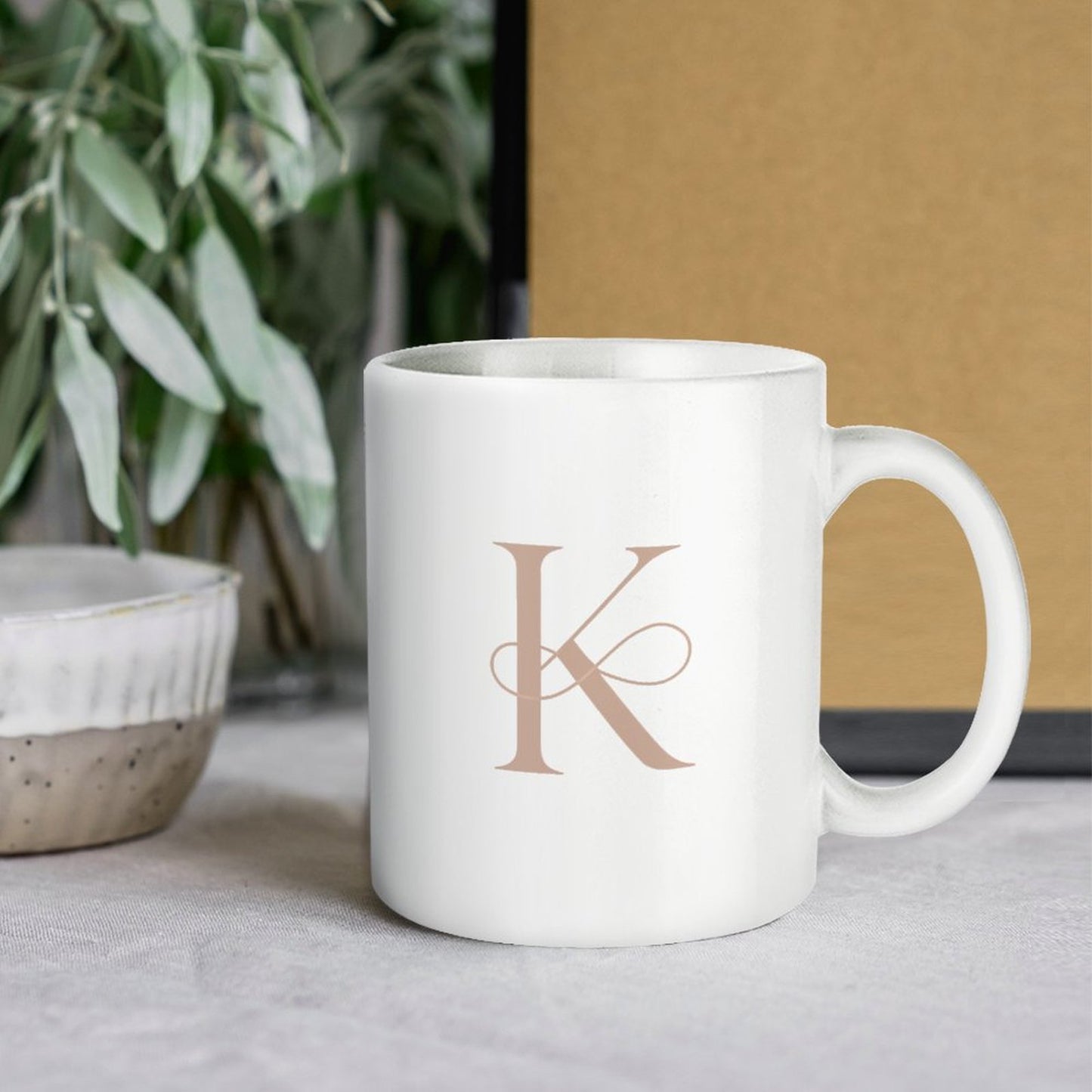 14oz White Ceramic Mug with Handle - Letter K