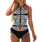 2-Piece Women's Tankini Set with High Neck Halter Top Black and White